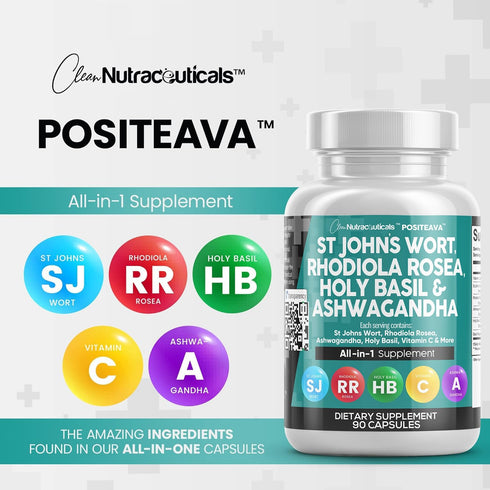 Clean Nutraceuticals St Johns Wort - 90 Caps - 10000mg Rhodiola Rosea, 20000mg Holy Basil, 3000mg Ashwagandha, Mood