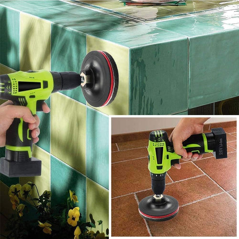 DUOSHIDA 4 Inch Drill Powered Brush Tile Scrubber Cleaning Kit, 2 Different Stiffness, 4-Inch Disc Pad Holder with 6
