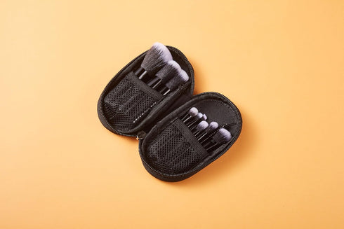 Portable ON THE GO Makeup Brush Set, COSHINE 10pcs Mini Complete Cosmetic Brushes Kit with Pouch (Black)