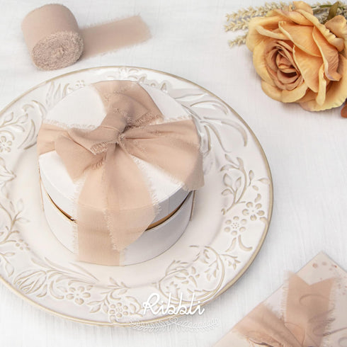 Ribbli Chiffon Ribbon 1.5 Inch x 30 Yard Handmade Silk Ribbon, Cream/Champagne/Beige for Wedding Invitations, Bouquets