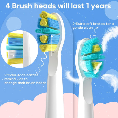 SG-2303 4 SEAGO Kids Electric Toothbrush Replacement Brush Heads Refill PCS White