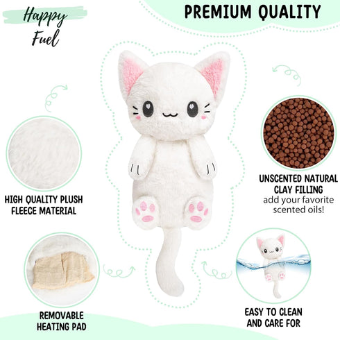 White Cat Microwavable Heating Pad, 1.5 lbs Unscented Plush Pillow for Women & Kids, Cute Hot & Cold Plushie