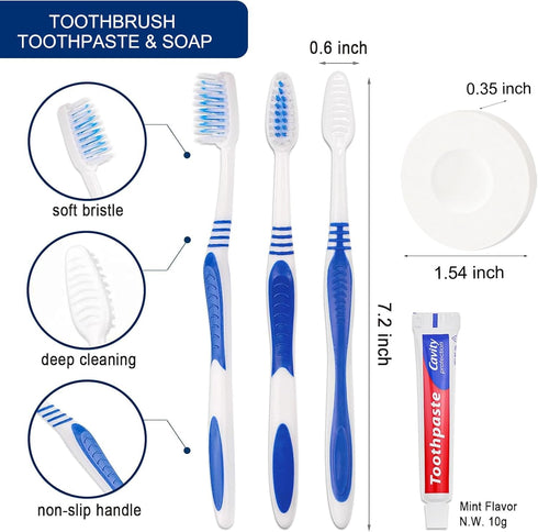 50 Set Disposable Toothbrushes with Toothpaste and Soap, Individually Wrapped, 50 pcs Toothbrushes, 5 Colors