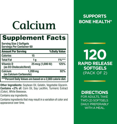 Nature's Bounty Calcium Plus 1000 IU Vitamin D3, Immune Support & Bone Health, Softgels, 120 Ct (2-Pack)