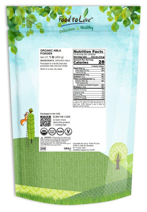 Food to Live Organic Amla Berry Powder (Amalaki), 1 Pound Non-GMO Indian Gooseberry, Raw, Pure, Finely Ground, Kosher, Vegan. Rich in Antioxidant, Vitamin C. Great for Smoothies, Shakes, Yogurt