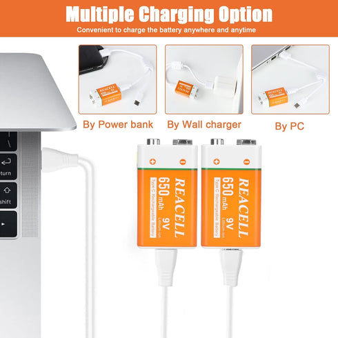 REACELL 2 Packs 9V 9 650mAh 9V Rechargeable Lithium Batteries, Volt Batteries for Smoke Detector, USB Charging Battery