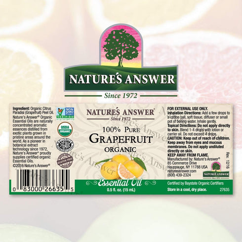 Nature’s Answer USDA Organic Grapefruit Essential Oil, 100% Pure | Natural Aromatherapy Oil for Diffuser/Humidifier, Steam Distilled 0.5 fl oz. (15ml) | Made in USA