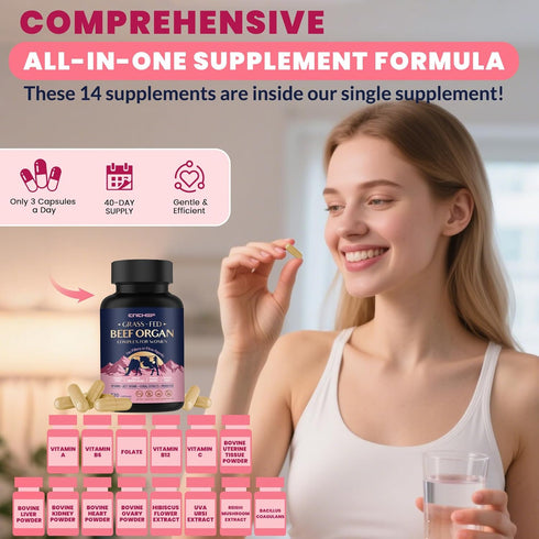 Raised,120 Beef Organ Supplement for Women, Beef Liver, Kidney, Heart & Uterus Tissue, with Multivitamins, Folate