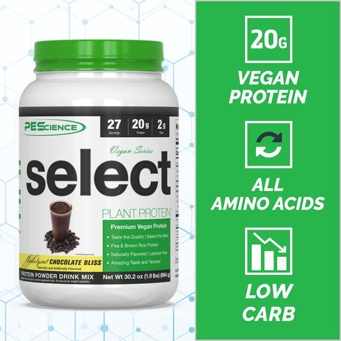 PEScience Select Vegan Plant Based Protein Powder, Chocolate, 27 Servings, Pea Brown Rice Blend