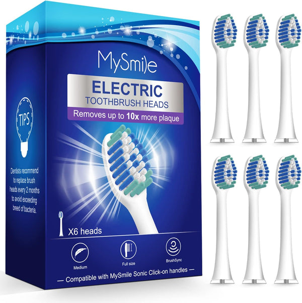 MySmile Electric Toothbrush Replacement Heads, 6 Packs (White)