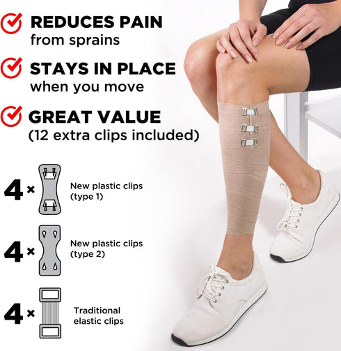 Premium Elastic Bandage Wrap - 4pk (2x3in, 2x4in) + 12 Extra Clips - Strong Compression Bandage Wrap for Wrists,