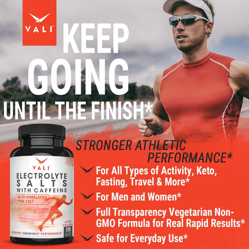 VALI Electrolyte Salts Plus with 40mg Caffeine, 120 Veggie Capsules for Hydration, Energy, Recovery