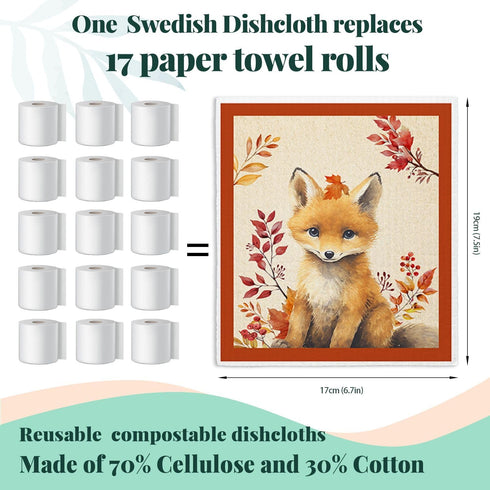 LARTSFRO 4 Pack Cute Animal Swedish Dishcloths for Kitchen Cloths Towels, Cute Deer Fox Owl Squirrel Autumn Farm House