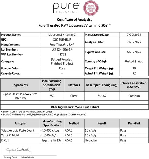 Pure Therapro Rx 100% Liposomal Vitamin C Powder, 30g, Vegan Supplement for Immune Function & Healthy Aging