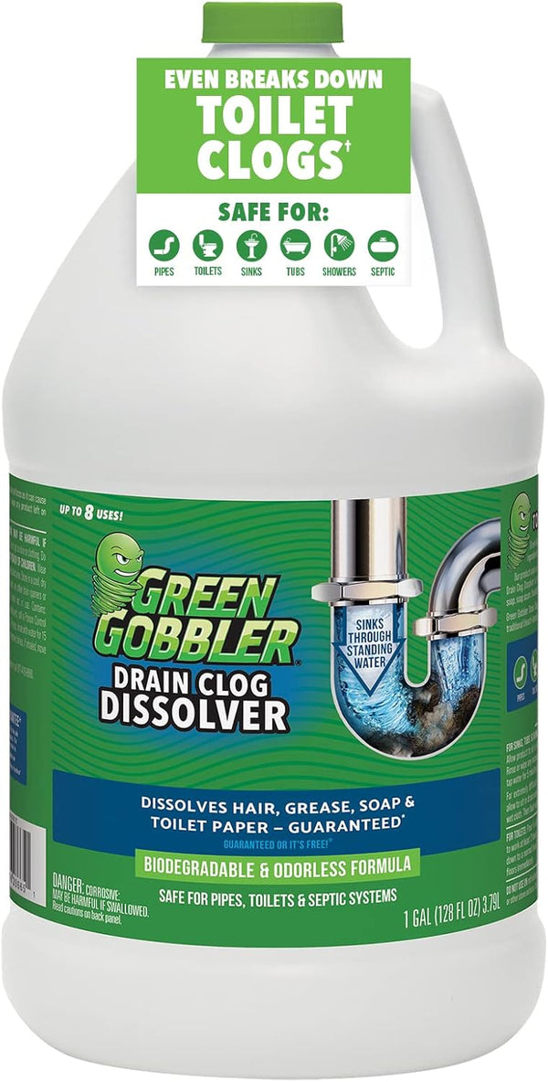 Green Gobbler Drain Clog Remover, 128 oz | Toilet Clog Remover for Hair & Organic Materials in Toilets, Sinks, Drains