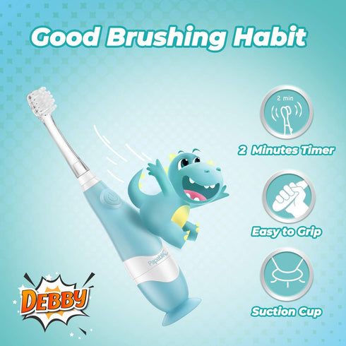 Papablic Toddler Sonic Electric Toothbrush, Ages 1-3, Baby Toothbrush with Dino Cover, Smart LED Timer, 4 Brush Heads