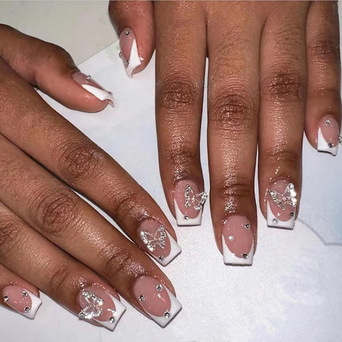 Press on Nails Extra Short Square MABKJLF, French Tip Fake Nails with Rhinestones for Women Girls