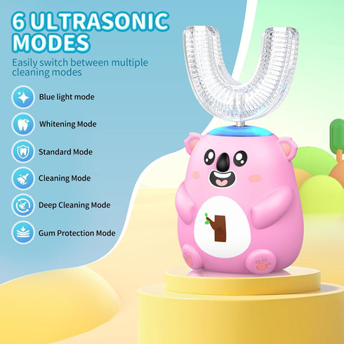 QDCYP 360 6 4 (6-12 Kids U Shaped Electric Toothbrush, Automatic Sonic Cleaning, Modes, Brush Heads, Cute Cartoon Koala