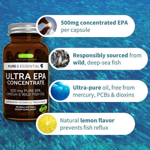 Pure & Essential Ultra Pure EPA Omega-3 Concentrate, 500 mg Wild Fish Oil, 90 Small Softgels