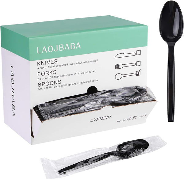 Plastic Disposable Spoons, Individually Packaged, 7-Inch Black Commercial Take Away, 100 PCS