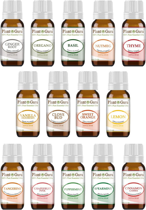 Set 14-10 ml. 100% Kitchen Essential Oil Pure Therapeutic Grade Includes Ginger, Oregano, Basil, Nutmeg, Thyme