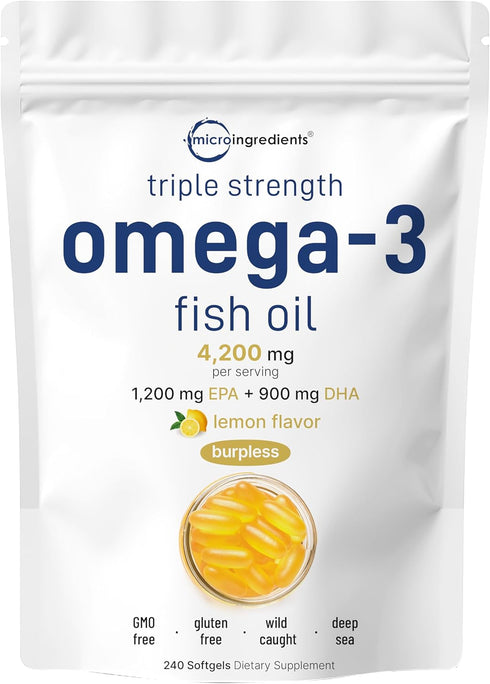 Triple Strength Omega 3 Fish Oil Supplements, 4200mg Per Serving, 240 Softgels - Lemon Flavored, EPA 1200mg + DHA 900mg