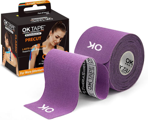 OK TAPE Kinesiology Tape, 10 inches Precut, 20 Strips, Cotton Elastic Athletic Tape, Purple