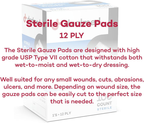 Dealmed 3’’ x 3’’ Sterile Gauze Pads, 100 Count, Disposable and Individually Wrapped for First Aid