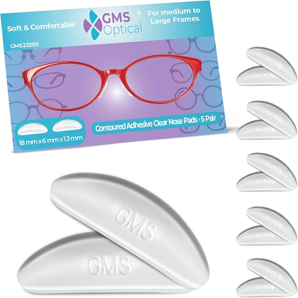 GMS Optical Anti-Slip Adhesive Contoured Silicone Eyeglass Nose Pads, 1.3mm Ultra-Thin, 5 Pair (Clear)