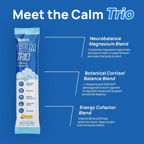 Ksm-66 D3, B6, 20 Selerb CalmTrio Magnesium Glycinate Powder Cortisol Drink Mix - No Sugar with L-Theanine