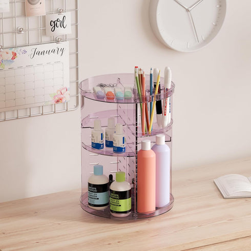 Rotating Makeup Organizer for Vanity, Adjustable Spinning Tray, Cosmetic Display Case with Brush Holder & Perfume Tray