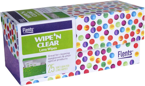 Flents Wipe N Clear Lens Wipes, 25 Count, Assorted Box Patterns, Portable Cleaning Cloths for Glasses, Streak-Free