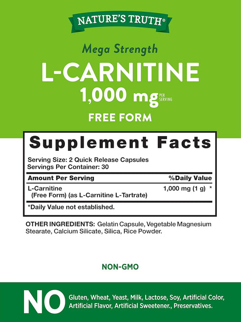 L Carnitine 1000mg | 60 Capsules | Mega Strength | Free Form | Non-GMO & Gluten Free Supplement | by Nature's Truth
