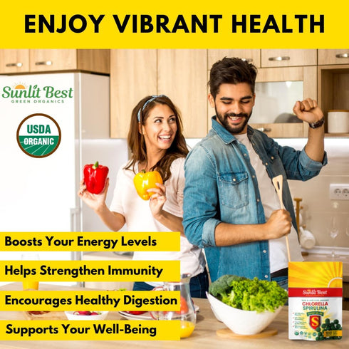 Sunlit Super 50/50 Organic Chlorella Spirulina Tablets, Super Greens Supplement for Immune Support, 1000 Superfood Tabs