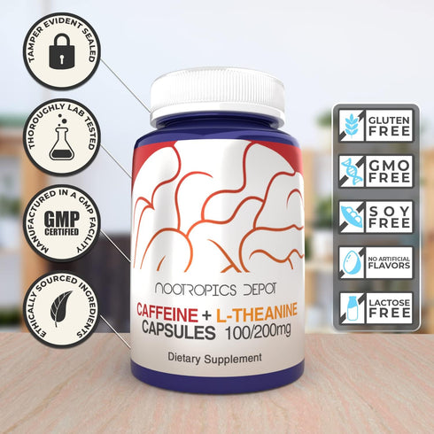 Nootropics Depot Caffeine and L-Theanine Capsules | 60 Pills | 100mg Caffeine, 200mg L-Theanine | Energy Booster