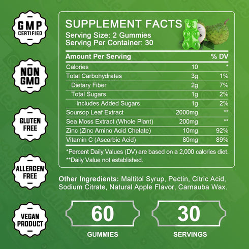 Organic Soursop Graviola Gummies - 2200mg Extra Strength Soursop Leaves Extract w/Sea Moss Extract 200mg, Zinc & Vitamin C - Supports Immunity, Liver, Zzz & Antioxidant, Gluten Free, Vegan, 60 Gummies