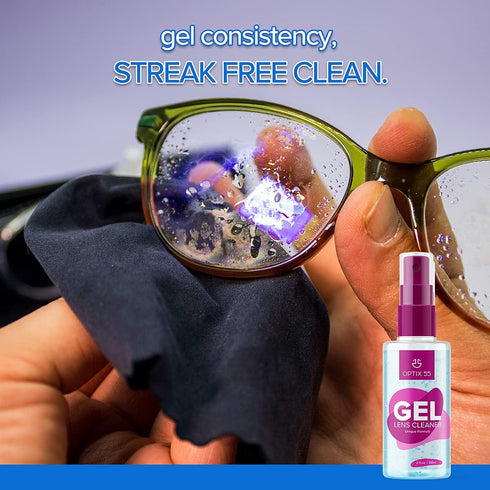 Gel Lens Cleaner Kit, (2) 2oz Eye Glasses Cleaner Gel Spray + (2) Microfiber Cleaning Cloths, Safe for All Lenses (4oz