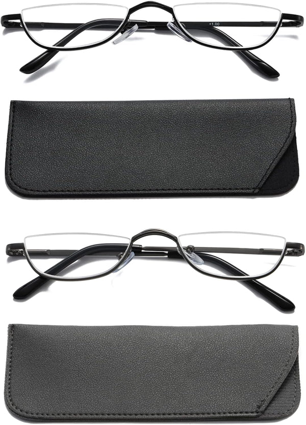 Viseng 2 Pairs Half Frame Reading Glasses, Slim Half Moon Lens Readers for Women Men, Metal Semi Rimless +2.0