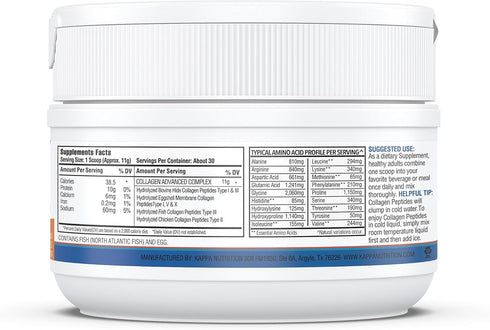 KAPPA NUTRITION Collagen Complex - Grass Fed, Non-GMO, Type I, II, III, V, X, 30 Servings
