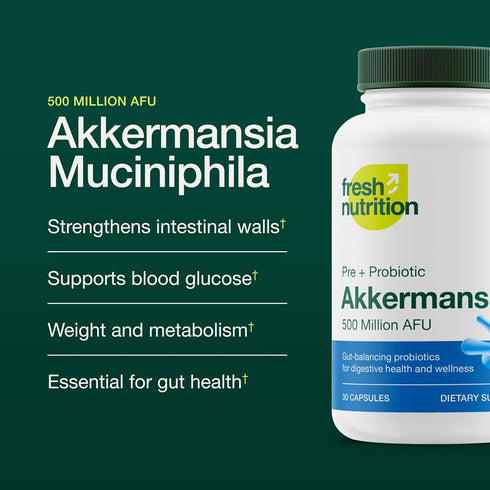 Fresh Nutrition Akkermansia Muciniphila Probiotic 500M AFU - Pre + Probiotic Supplement, 30 Capsules for GLP-1
