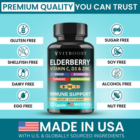Immune 8-in-1 5000 120 Elderberry Support Supplement Formula with Echinacea, Vitamin C & Zinc, Vitamin D IU, Turmeric