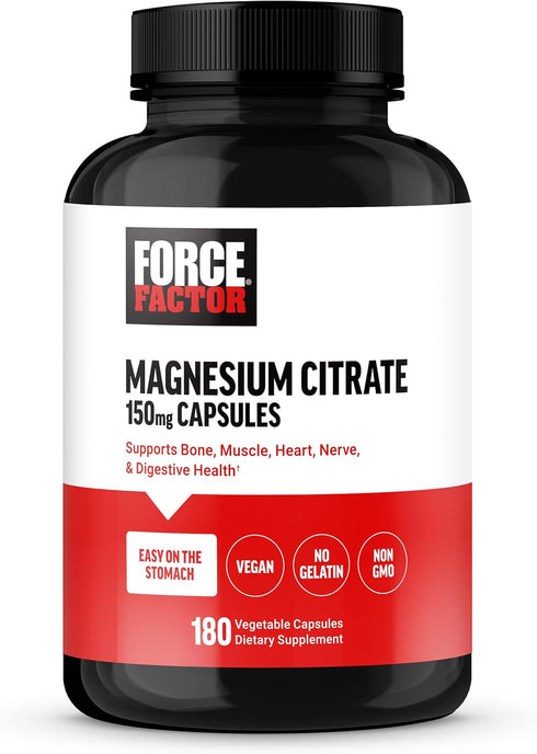 Force Factor Magnesium Citrate | 180 Capsules | Supports Bone, Muscle, Nerve, Digestion, Heart Health