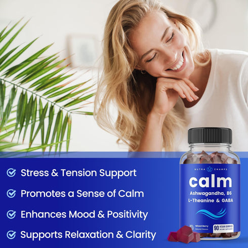Calm Gummies with Ashwagandha, L-Theanine, GABA, Vitamin B6 & Lemon Balm, Vegan & Non-GMO, 90 Gummies for Mood & Stress
