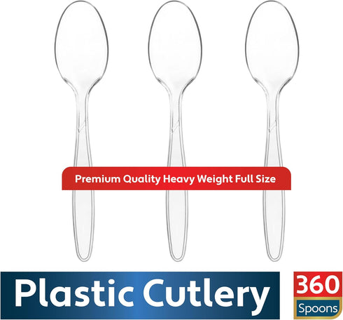 360 Count Heavy Duty Clear Plastic Spoons, Premium Disposable Utensils, BPA Free, Heat Resistant Cutlery Set