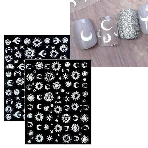 JMEOWIO 10 Sheets Moon Star Sun Nail Art Stickers, Colorful Self-Adhesive Decals for Nail Design Accessories