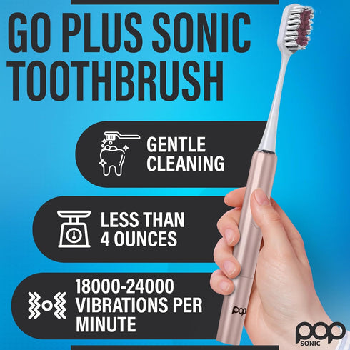 Pop Sonic Go Plus Travel Electric Toothbrush (Rose Gold) | 2 Speeds with 18000-24000 Vibrations Per Minute, Ultimate Set