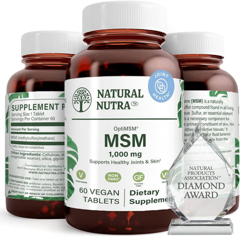 Natural Nutra OptiMSM, MSM Supplement with Sulfur, 1000 mg, 60 Vegan Tablets, Joint Flexibility Support