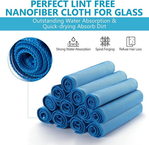 12 Pcs Microfiber Glass and Window Cleaning Cloths, 12" x 12", Lint Free, Streakless Buff Polishing Cloth