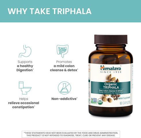Himalaya Organic Triphala Herbal Supplement | 688 mg | 30 Plant-Based Caplets | Supports Colon Cleansing, Regularity,