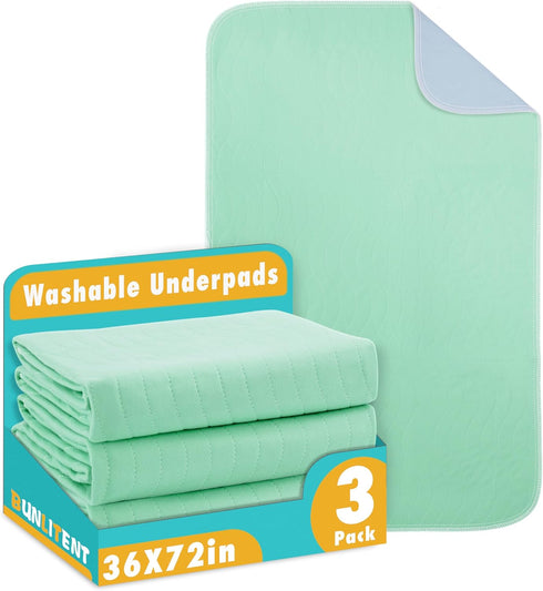 Washable Underpads, 36" x 72", 3 Pack - Reusable Heavy Absorbency Incontinence Pads for Kids, Adults, Pets - Waterproof